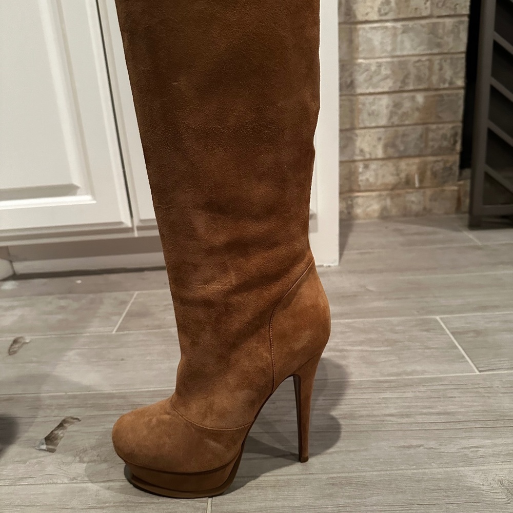 Prelived YSL Suede Stiletto Platform Boots - Size 38